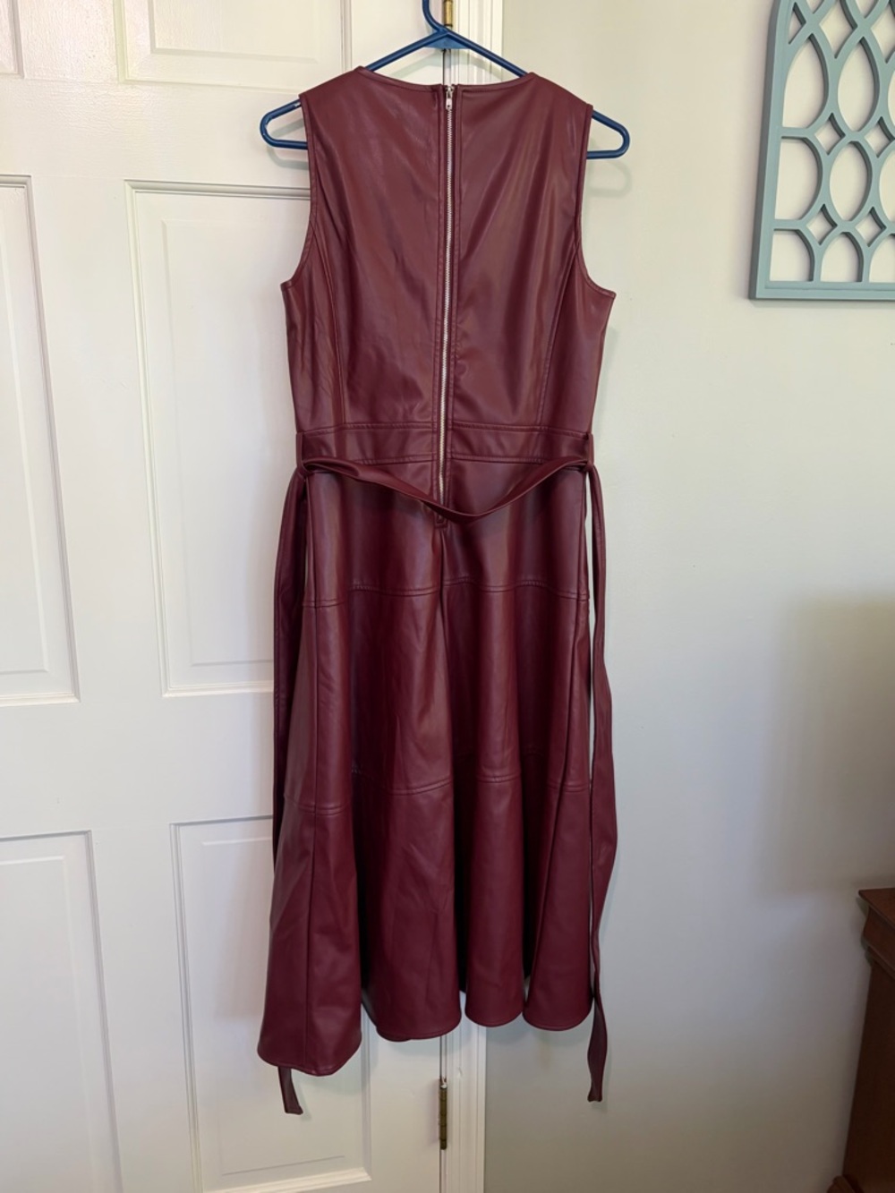 Sleeveless Faux Leather Midi Dress in Burgundy with Self-Tie Waist - Picture 4 of 6